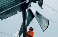 Công nhân Điện lực Bát Xát (Lào Cai) gỡ mái tôn khỏi cột điện.
