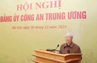 Tổng Bí thư Nguyễn Phú Trọng phát biểu tại Hội nghị Đảng ủy Công an Trung ương năm 2023. (Ảnh: TTXVN)