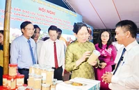 Các đồng chí lãnh đạo tỉnh Hà Nam tham quan các sản phẩm OCOP được trưng bày tại hội chợ trưng bày và giới thiệu sản phẩm OCOP.