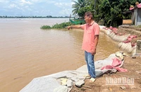 Ông Nguyễn Hoài Ơn chỉ tay về phía hiện trường vụ sạt lở. (Ảnh: HỮU NGHĨA)