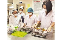 Ðoàn kiểm tra vệ sinh an toàn thực phẩm xét nghiệm nhanh khay đựng thức ăn tại Trường tiểu học Phúc Tân (quận Hoàn Kiếm).