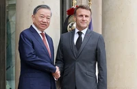 Tổng thống Pháp Emmanuel Macron đón Tổng Bí thư, Chủ tịch nước Tô Lâm. (Ảnh TTXVN)