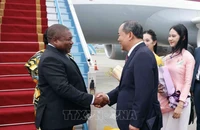 Chủ nhiệm Văn phòng Chủ tịch nước Lê Khánh Hải đón Tổng thống Mozambique Filipe Jacinto Nyusi và Phu nhân tại sân bay quốc tế Nội Bài. (Ảnh: Phạm Kiên/TTXVN)