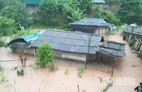 Một trong số các ngôi nhà của người dân xã Leng Su Sìn, huyện Mường Nhé bị ngập do mưa lớn.