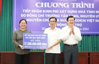 Đồng chí Trương Tấn Sang cùng đơn vị tài trợ trao bảng tượng trưng số tiền 17,5 tỷ đồng xây dựng 250 căn nhà tình nghĩa.