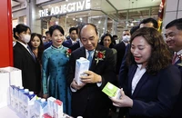 Chủ tịch nước Nguyễn Xuân Phúc thăm các gian hàng Việt Nam. (Ảnh: TTXVN)