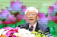 Tổng Bí thư Nguyễn Phú Trọng phát biểu tại lễ kỷ niệm. (Ảnh: VIẾT CHUNG - ĐĂNG ANH)