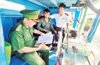Cán bộ Văn phòng đại diện kiểm soát nghề cá tại cảng cá Phan Thiết kiểm tra tàu cá trước khi ra khơi.