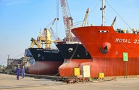 Những người thợ đóng tàu rảo bước trên cầu cảng Nam Triệu (thành phố Thủy Nguyên, Hải Phòng), bên cạnh là những tàu dầu 7.000 tấn vừa được đóng mới. (Ảnh THẾ ĐẠI)