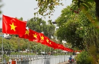 Cờ hoa rực rỡ chào mừng 50 năm Ngày Giải phóng miền Nam, thống nhất đất nước treo dọc tuyến đường Hoàng Sa, kênh Nhiêu Lộc Thị Nghè (đoạn qua Quận 1). (Ảnh: TTXVN)