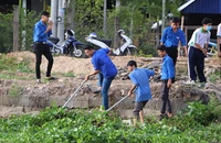 Sau lễ phát động, lực lượng đoàn viên, thanh niên của thành phố Vị Thanh tham gia vệ sinh các tuyến kênh