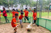 Các em nhỏ tham gia hoạt động trải nghiệm tại Phù Đổng Green Park (huyện Gia Lâm).