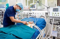 Bác sĩ Lê Nhật Cường, Khoa Điều trị tích cực Nội khoa thăm khám và theo dõi sát sao diễn biến bệnh của trẻ.