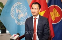 Đại sứ đặc mệnh toàn quyền, Trưởng Phái đoàn đại diện thường trực Việt Nam tại Liên hợp quốc Đặng Hoàng Giang trả lời phỏng vấn TTXVN tại New York. Ảnh: Hoài Thanh/Phóng viên TTXVN tại Mỹ