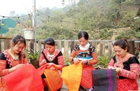 Phụ nữ xã Háng Đồng (huyện Bắc Yên, Sơn La) thêu hoa văn trên trang phục truyền thống.