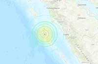 Cơ quan Khảo sát địa chất Mỹ (USGS) cho biết chấn tâm cách thị trấn Teluk Dalam 170,4km về phía đông nam, độ sâu chấn tiêu 15 km dưới biển. (Ảnh: USGS)