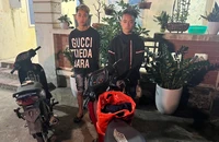 Hai đối tượng cướp tài sản và tang vật bị thu giữ. (Ảnh: Công an cung cấp)