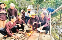 Du khách tìm hiểu các công đoạn làm bánh đúc truyền thống tại Giang Biên, quận Long Biên, TP Hà Nội. (Ảnh LINH TÂM)