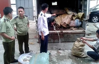 Đội QLTT số 1 bắt giữ nội tạng bò và chân giò lợn nhập lậu, tại TP Lào Cai, sáng ngày 2-10-2015.
