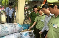 Lực lượng chức năng phát hiện thực phẩm bẩn chứa trong bao tải.