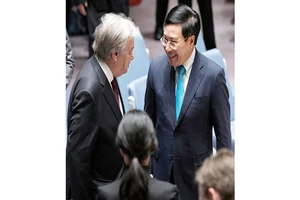 Tổng Thư ký LHQ và Phó Thủ tướng Phạm Bình Minh trao đổi bên lề phiên họp của Hội đồng Bảo an Liên hợp quốc. Ảnh: Liên hợp quốc