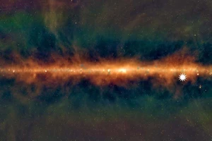 Hình ảnh dải Ngân hà từ kính thiên văn Murchison Widefield Array. Biểu tượng ngôi sao hiển thị vị trí của vật thể phát sóng bí ẩn. Ảnh: Tiến sĩ Natasha Hurley-Walker và Nhóm GLEAM.
