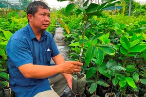 Anh Phạm Hồng Khánh bên sản phẩm giá thể và túi vải sản xuất cây giống thân thiện môi trường.