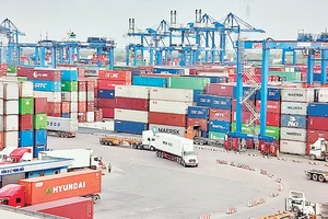 Việc thu phí cảng biển tự động không dùng tiền mặt sẽ không gây ách tắc hàng hóa tại các cảng biển trên địa bàn thành phố Hồ Chí Minh. Trong ảnh: Vận chuyển hàng hóa tại Cảng Cát Lái, thành phố Thủ Ðức. 