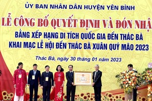 Lãnh đạo Cục Di sản văn hóa (Bộ Văn hóa, Thể thao và Du lịch) trao Bằng xếp hạng đối với di tích quốc gia Đền Thác Bà.