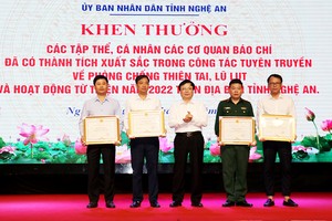 Phó Chủ tịch Ủy ban nhân dân tỉnh Nghệ An Bùi Đình Long trao Bằng khen của Chủ tịch Ủy ban nhân dân tỉnh cho các tập thể.