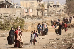 Người dân Palestine sơ tán tránh xung đột xuống vùng ngoại ô phía nam thành phố Gaza. (Ảnh: AFP/TTXVN)