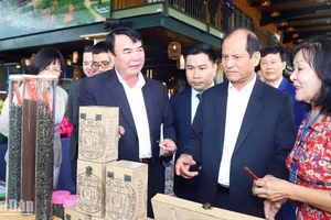 Tiến sĩ Phạm S (bên trái, hàng đầu) tại không gian triển lãm trà thuộc Chương trình tọa đàm kết nối giao thương ngành chè Quảng Châu (Trung Quốc) và Lâm Đồng, diễn ra tại thành phố Bảo Lộc, Lâm Đồng cuối tháng 9/2023.
