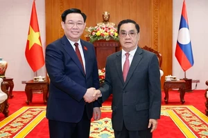 Chủ tịch Quốc hội Vương Đình Huệ gặp nguyên Thủ tướng Chính phủ Lào Thongsing Thammavong. (Ảnh: TTXVN)