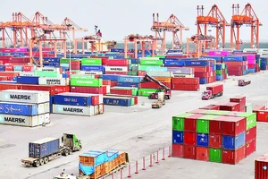Bốc xếp hàng hóa xuất nhập khẩu tại cảng Tân Vũ, Hải Phòng. (Ảnh: MINH HÀ)