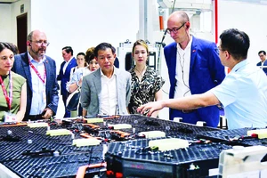 Chủ tịch Hội đồng Quốc gia Thụy Sĩ Martin Candinas (thứ 2 từ trái sang) thăm Nhà máy Vinfast. (Ảnh Vinfast) 