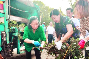 Bí thư Thành ủy Hà Nội Bùi Thị Minh Hoài cùng lãnh đạo thành phố và người dân Thủ đô tham gia dọn vệ sinh môi trường, khắc phục hậu quả bão số 3 gây ra.