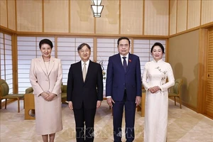 Chủ tịch Quốc hội Trần Thanh Mẫn và Phu nhân hội kiến Nhà vua Naruhito cùng Hoàng hậu Masako. Ảnh: Doãn Tấn/TTXVN