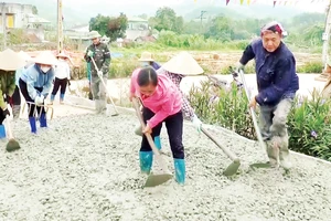 Người dân xã Lâm Ca, huyện Đình Lập (Lạng Sơn) đổ bê-tông đường giao thông nông thôn. 