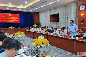 Phó Chủ tịch Ủy ban nhân dân tỉnh Cà Mau Lâm Văn Bi (đứng) báo cáo với Đoàn giám sát về tình hình thực hiện chính sách, pháp luật về phát triển năng lượng tại địa phương. 