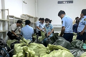 Lực lượng chức năng Cà Mau kiểm tra và kiểm kê hàng hoá có dấu hiệu vi phạm đối với chủ hộ kinh doanh Nguyễn Mai Store. 