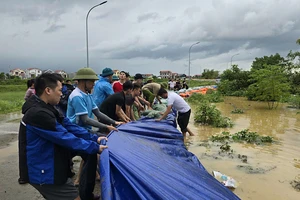 Người dân và các lực lượng chức năng chung tay gia cố đê bối Đầu Hàn, khu vực phường Hòa Long, thành phố Bắc Ninh, khi nước sông Cầu dâng cao.