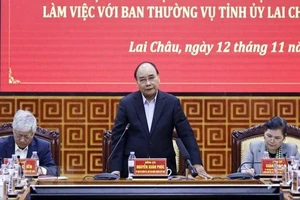 Chủ tịch nước Nguyễn Xuân Phúc phát biểu chỉ đạo tại buổi làm việc với Ban Thường vụ Tỉnh ủy Lai Châu. (Ảnh: Thống Nhất/TTXVN)