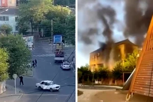 Cảnh tượng nổ súng trên đường phố ở Makhachkala, miền nam nước Nga và những đám khói bốc lên từ một tòa nhà ở Derbent, Nga, hôm 23/6. (Nguồn: Reuters)