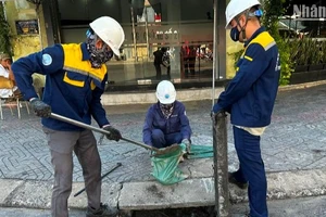 Công nhân khơi thông, nạo vét hệ thống thoát nước trên tuyến đường Lê Duẩn, quận Hải Châu, thành phố Đà Nẵng. (Ảnh: ANH ĐÀO)