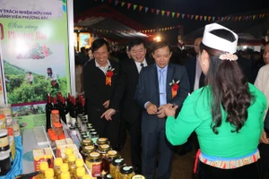 Lãnh đạo tỉnh Hòa Bình thăm quan các gian hàng tại Hội chợ Xuân.