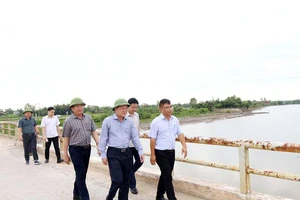 Phó Chủ tịch tỉnh Quảng Bình Phan Phong Phú (đội mũ đi giữa) cùng lãnh đạo các ngành kiểm tra hiện trạng cầu sông Thai. (Ảnh: VM)