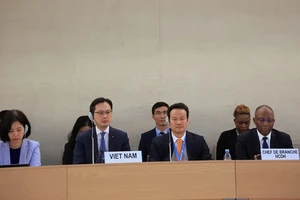 Đoàn đại biểu Việt Nam do Thứ trưởng Ngoại giao Đỗ Hùng Việt dẫn đầu tham gia Phiên đối thoại về Báo cáo quốc gia của Việt Nam theo Cơ chế rà soát định kỳ phổ quát (UPR) chu kỳ IV của Hội đồng Nhân quyền Liên hợp quốc. (Ảnh: TTXVN)