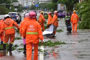 Lực lượng chức năng thu dọn đường phố sau khi siêu bão Yagi quét qua thành phố Hải Khẩu, tỉnh Hải Nam, Trung Quốc vào ngày 6/9. (Ảnh: China Daily) 