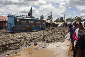Các phương tiện bị mắc kẹt trong bùn đất sau lũ lụt và lở đất do mưa lớn tại Katesh, Tanzania. Ảnh: AFP/TTXVN 