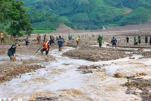 Lực lượng quân đội triển khai tìm kiếm các nạn nhân mất tích do sạt lở đất tại Làng Nủ, xã Phúc Khánh, huyện Bảo Yên, tỉnh Lào Cai. (Ảnh: TTXVN)